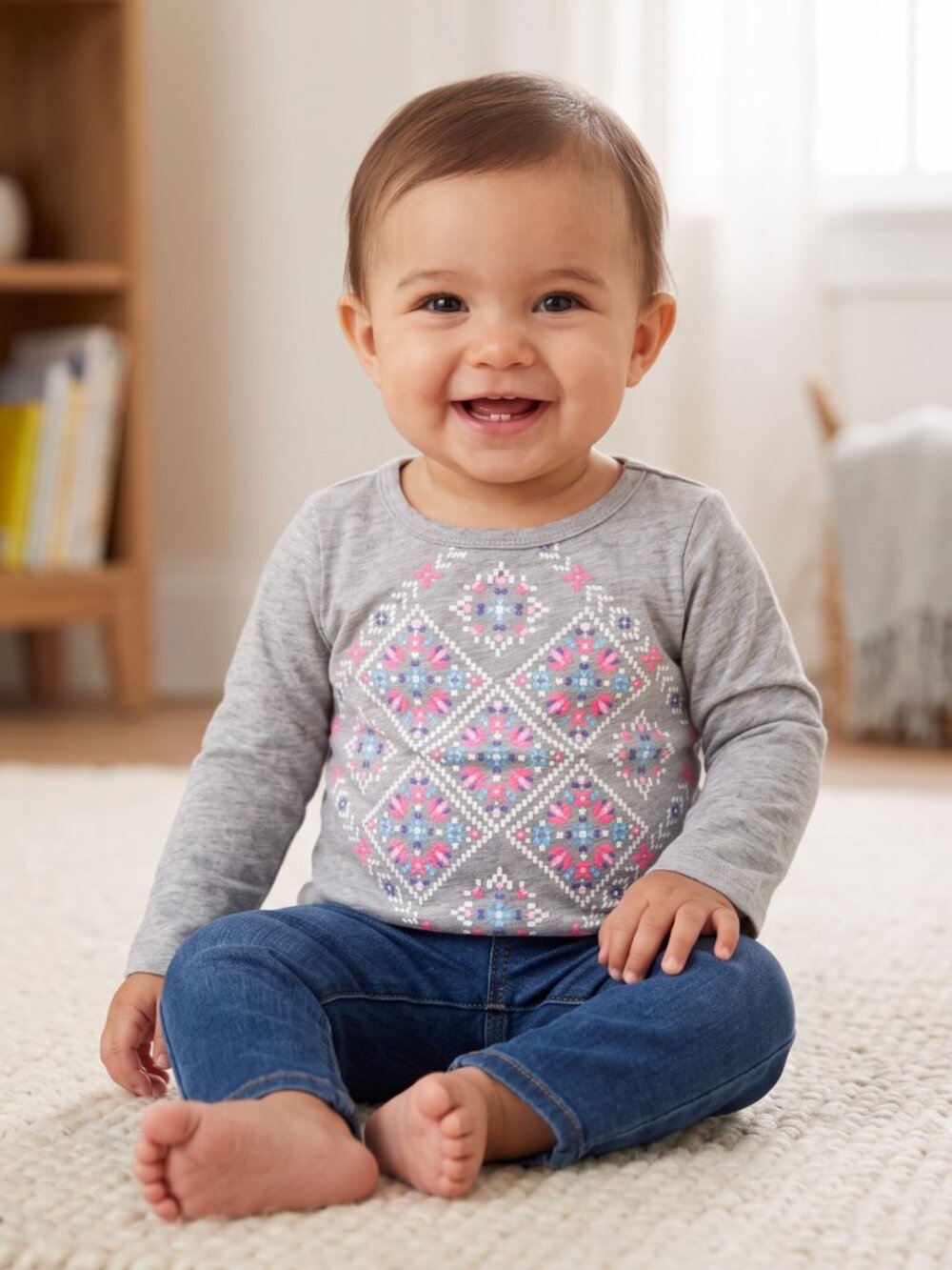 NWT Carter's Baby Girl Fair Geometric Diamond Long Sleeve Gray Tee 9 Months